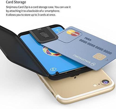 Sinjimoru Phone Card Holder Stick-on Phone Card Case, Phone Wallet Credit Card Holder on Back of Phone with up to 3 Cards and Cash Storage. Card Zip Black