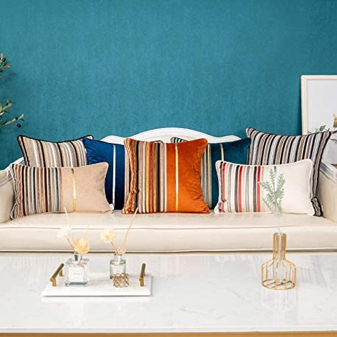 Yangest Burnt Orange Striped Patchwork Velvet Lumbar Throw Pillow Cover Gold Leather Cushion Case Modern Zippered Oblong Pillowcase for Sofa Couch Bedroom Living Room Home Decoration, 12x20 Inch
