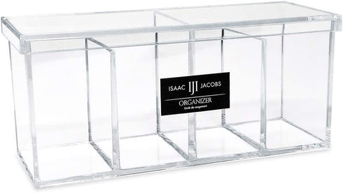 Isaac Jacobs 4-Compartment Clear Acrylic Organizer with Lid (9 L x 3 W x 4 H), Makeup Brush Holder, Sectional Tray, Storage Solution for Makeup, Crafts, Office Supplies & More (1, Clear)