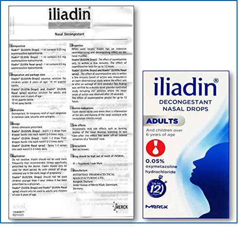 Iliadin Nasal Decongestant Drops 0.05% for Adult and Childern Over 6 Years of Age (0.34 Ounces with Dropper Cap) Composition: 0.05% Oxymetazoline Fast Relieves Nasal Congestion and Its Effect Persist