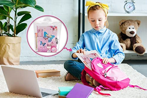 Girls Diary with Lock, Kids Journal Stationary Set for PreSchool Teen Learning Writing Drawing Age 6,8,10,12 Years Butterfly Gift with Notebook Memo NotePad Six Multicolored Pen Ruler Sharpener Eraser