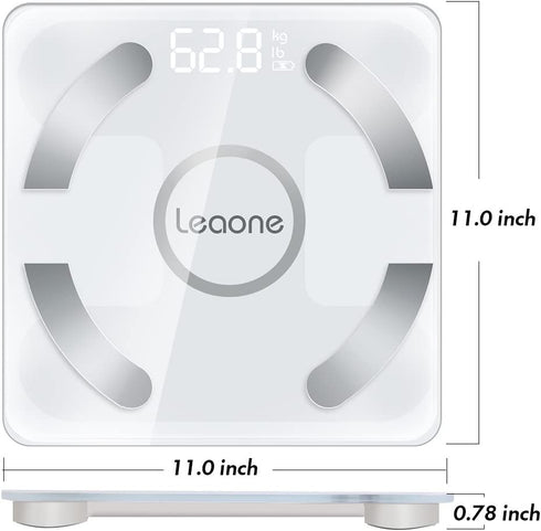 Leaone Body Fat Scale 30x30cm, USB Charging, White LED, Smart Bluetooth Digital BMI Weight Scale, Body Composition Analyzer Health Monitor with 6mm Tempered Glass with Smartphone App, 400 lbs, White