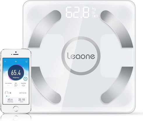 Leaone Body Fat Scale 30x30cm, USB Charging, White LED, Smart Bluetooth Digital BMI Weight Scale, Body Composition Analyzer Health Monitor with 6mm Tempered Glass with Smartphone App, 400 lbs, White