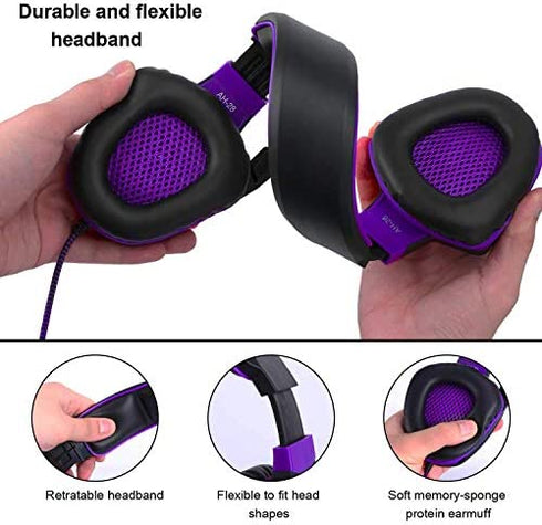 Gaming Headset Bass Surround Sound Stereo PS4 Headset with Flexible Microphone Volume Control Noise Canceling Mic Over-Ear Headphones Compatible for PS4 Xbox one Laptop PC Mac Purple