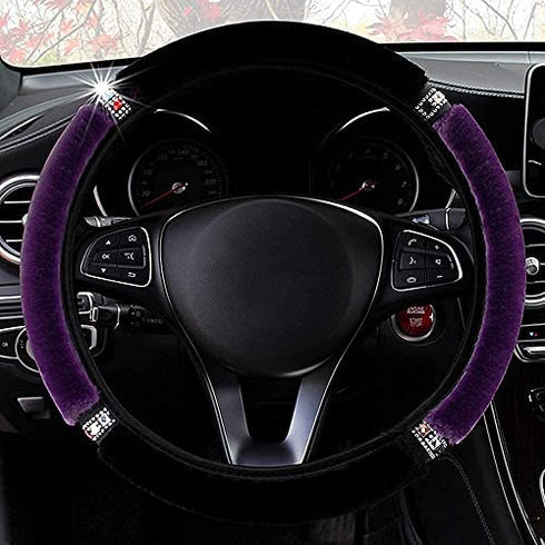 ZHOL Plush Softy Steering Wheel Cover with Bling Bling Crystal Rhinestone, Universal 15 Inch Fluffy Steering Wheel Cover for Women Girls, Anti-Slip, Winter Warm, Black&Purple