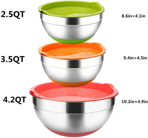 Stainless Steel Mixing Bowls with Lids (Set of 3), Non Slip Colorful Silicone Bottom Nesting Storage Bowls by Regiller-yyi, Polished Mirror Finish For Healthy Meal Mixing and Prepping 2.5 - 3.5-4.2QT