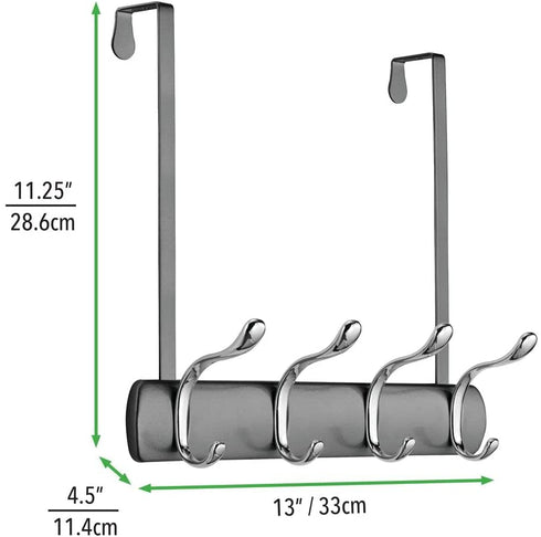 mDesign Decorative Over Door 8 Hook Metal Storage - Long Easy Reach Organizer Rack for Coats, Hoodies, Hats, Scarves, Purses, Leashes, Bath Towels, Robes, Men, Womens Clothing - Graphite Gray/Chrome