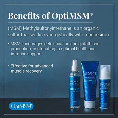 Ancient Minerals Magnesium Oil Spray Ultra with MSM - a Pure Zechstein Topical Magnesium Chloride Supplement with The Added Benefits of OptiMSM (4oz)