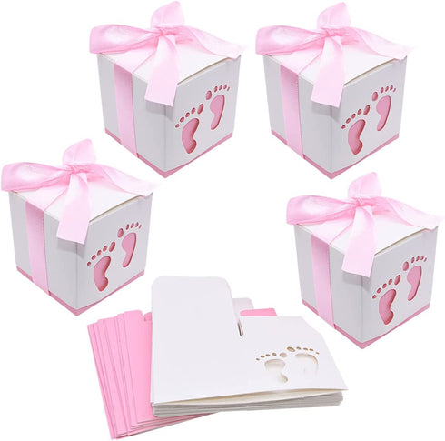 50pcs Baby Shower Party Favor Boxes, Footprint Design Candy Treat Gift Boxes for Kids Birthday Baby Shower Guests Wedding Party Supplies with Ribbon,Pink