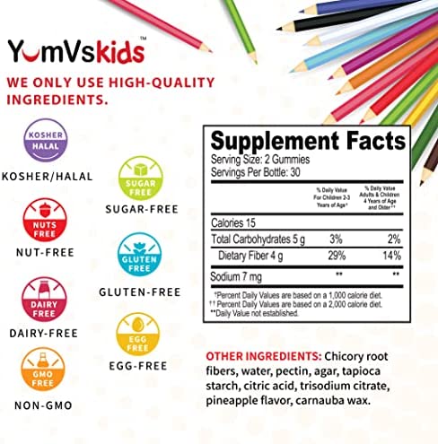 Prebiotic Fiber Zero Gummies for Kids by YumVs | Keto Sugar Free Gummy Chews for Toddlers |4g Fiber for Children Constipation Support | Natural Kosher Halal Berry Chewable 70 Count