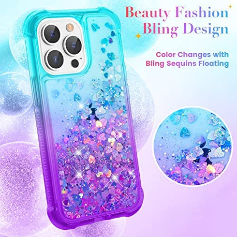 Ruky Case Compatible with iPhone 13 Pro Max, Full Body Glitter Liquid Cover with Built-in Screen Protector Soft TPU Shockproof Protective Girls Women Phone Case for iPhone 13 Pro Max, Teal Purple