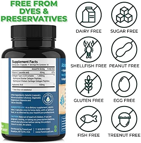 Forest Leaf - Collagen Pills with Hyaluronic Acid & Vitamin C - Reduce Wrinkles, Tighten Skin, Boost Hair, Skin, Nails & Joint Health - Hydrolyzed Collagen Peptides Supplement - 120 Capsules