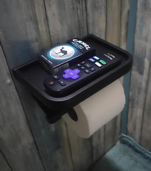 Matte Black Toilet Paper Holder with Phone Shelf, GIGRIN Space Aluminum Adhesive Toilet Tissue Holder Wall Mount TP Roll Holder for RV Home Bathroom