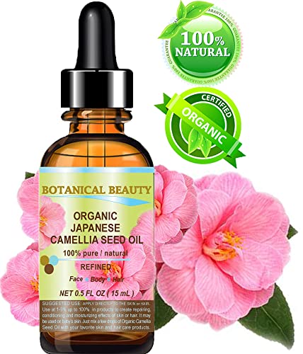 Japanese ORGANIC CAMELLIA Seed Oil. 100% Pure/Natural/Undiluted/Refined/Cold Pressed Carrier Oil. Rich antioxidant to revitalize and rejuvenate the hair, skin and nails. 0.5 Fl.oz-15ml.