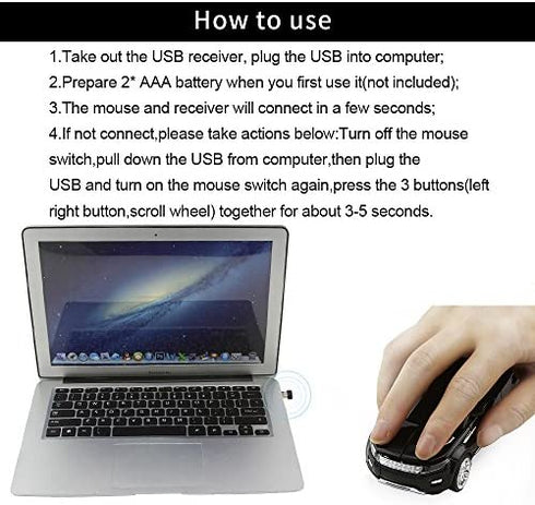 3C Light Car Mouse Wireless 2.4GHz Cool Sport SUV Car Shape Mouse Optical Mice 1600 DPI with USB Receiver Suitable for PC/Computer/Laptop (Black)