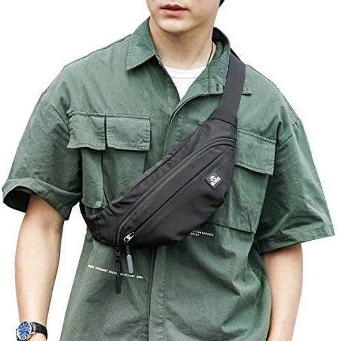 Black Large Fanny Pack for Men Women Plus Size Waist Waterproof, Gym Outdoor Fashion Belt Waist Bag Pack Pouch for Men with Zipper Adjustable Strap,Nylon
