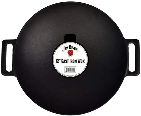 Jim Beam 12'' Pre Seasoned Heavy Duty Construction Cast Iron Grilling Wok, Griddle and Stir Fry Pan