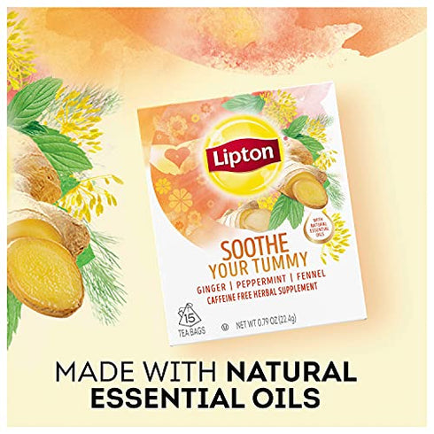Lipton Soothe Your Tummy Herbal Supplement Tea Bags For a Soothing Hot Beverage Ginger Peppermint and Fennel Caffeine Free Tea Blend 15 Count