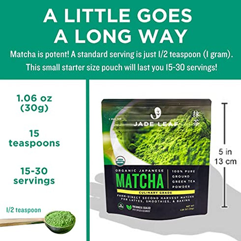 Jade Leaf Organic Matcha Green Tea Powder - Authentic Japanese Origin - Premium Second Harvest Culinary Grade (1.06 Ounce)