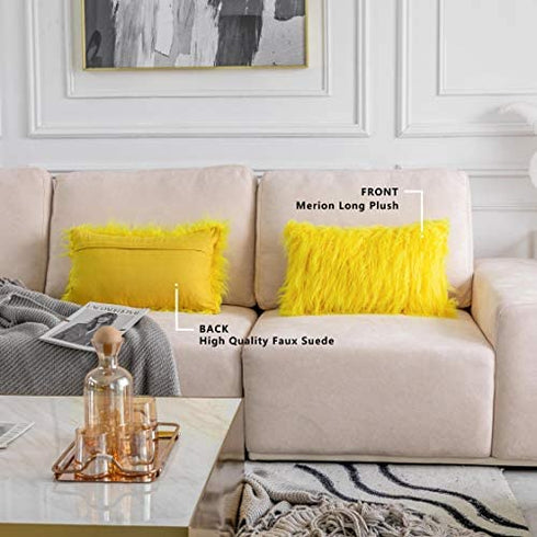 Home Brilliant Yellow Fur Pillow Covers Decorative Faux Fur Oblong Fuzzy Throw Pillow Cover for Couch Sofa Bed, 12x20inches, 30 x 50cm, Set of 2