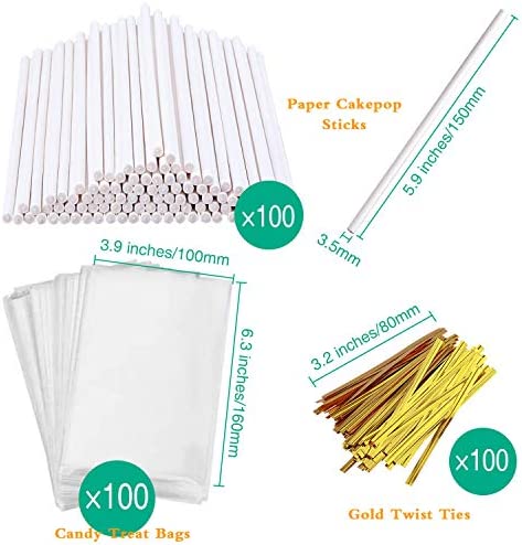 300 PCS Cake Pop Sticks and Wrappers Kit, Including 100ct 6-inch Paper Lollipop Sticks, 100ct Clear Candy Treat Bags Parcel, 100ct Gold Twist Ties for Cakepop, Lollipop, Hard Candy, Suckers, Chocolate