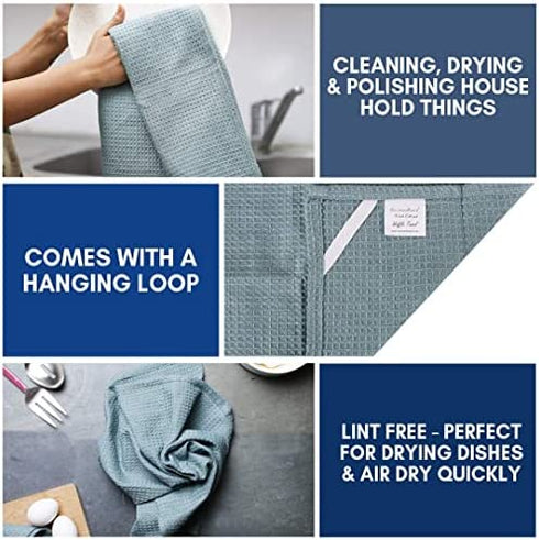 Linen and Towel Set of 6 Kitchen Towels, Super Absorbent 100% Cotton Dish Towel for Drying Dishes, Dish Cloth, 18 x 28 in, with Hanging Loop, Waffle Weave Bar Towels & Tea Towels, Turquoise