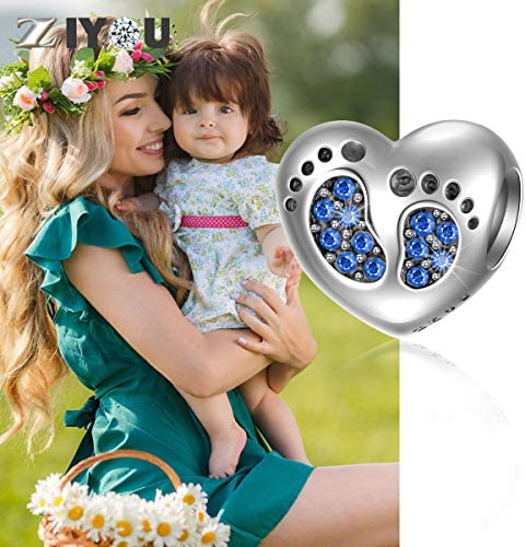 Bracelet Baby Footprints Charms - 925 Sterling Silver Pendant, Heart Birthstone plated Crystals - Mini Beads Fit Charm Bracelets, Necklaces, and European Snake Chains, Gift to New Mom and Child.
