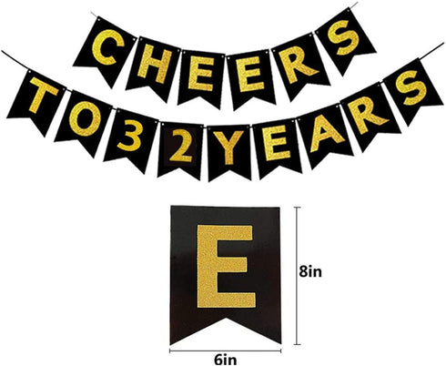 Gold 32nd Birthday Decorations kit, Cheers To 32 Years Banner Balloons,32nd Cake Topper Birthday Sash, Gold Tinsel Foil Fringe Curtains, for 32 Birthday&Anniversary Decorations