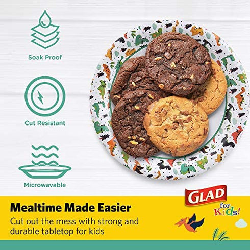 Glad for Kids 7-Inch Paper Plates | Small Round Paper Plates With Cute Dinosaur Design for Kids | Heavy Duty Disposable Soak Proof Microwavable Paper Plates for All Occasions, 20 Count