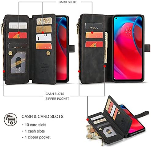 HAII Case for Moto G Stylus 5G 2021, Flip Leather Wallet Case with 10 Card Slot Holder Zipper Pocket Kickstand Magnetic Closure Shockproof Flip Folio Cover for Moto G Stylus 5G 2021 (Black)