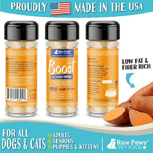 Raw Paws Boost Flavor & Nutrition Pet Food Topper, Sweet Potato, 2.7-oz - Made in USA - Dog Food Toppers Grain Free - Natural Pet Food Flavoring - Cat Food Seasoning - Vegan Meal Enhancer Sprinkles