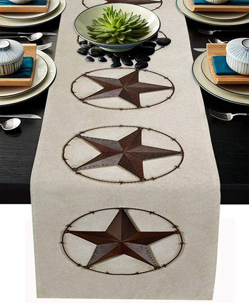 Texas Western Star Rustic Table Runner-Cotton linen-Long 90 inche Barn Star Dresser Scarves,Kitchen Coffee/Dining Farmhouse Cowboy Tablerunner for Country Home Living Room,Holiday Dinner Scarf Decor