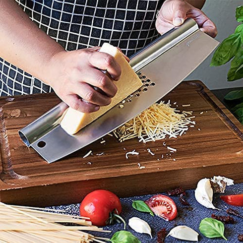 Gemiknife Pizza Cutter Plus. 14? Sharp Rocker Slicer + Built In Cheese Grater. Thick & Sturdy Stainless Steel Blade + Centered Handle + Protective Knife Cover + Dishwasher Safe.
