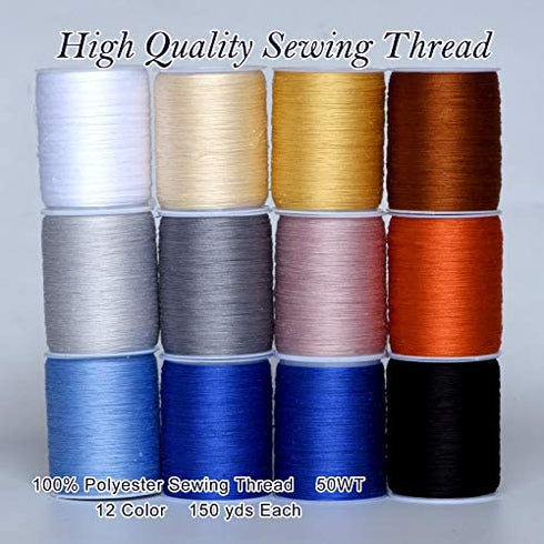 Total 1800yds SewingThread 12 Pcs Thread Spool,150Yds Each witn Buttons Sets for Sewing, Single Needle,Machine Embroidery