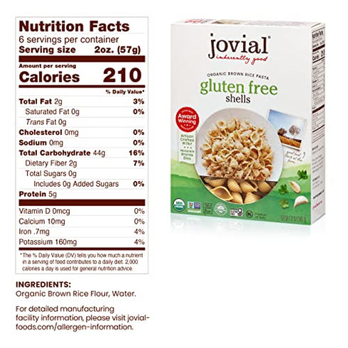 Jovial Shells Gluten-Free Pasta | Whole Grain Brown Rice Shells Pasta | Non-GMO | Lower Carb | Kosher | USDA Certified Organic | Made in Italy | 12 oz