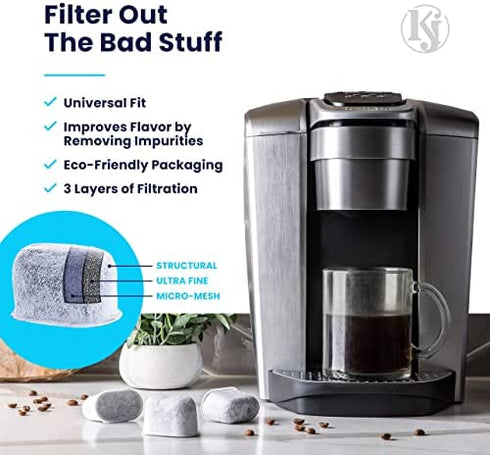 K&J Charcoal Water Filter Pods - 12-Pack Filters for Coffee Maker, Compatible Keurig Filter Replacement (2.0 and older)