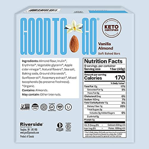 GOOD TO GO Soft Baked Bars Vanilla Almond, 9 Pack - gluten-free, Keto Certified, Paleo Friendly, Low Carb Snacks