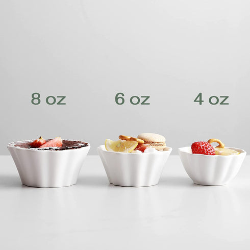 DOWAN 8 oz Ramekins, Ramekins 8 oz Oven Safe for Baking Creme Brulee Porcelain Ramekins, Dishwasher and Microwave Safe, Flower-Shaped Condiments Cups, Set of 6, White