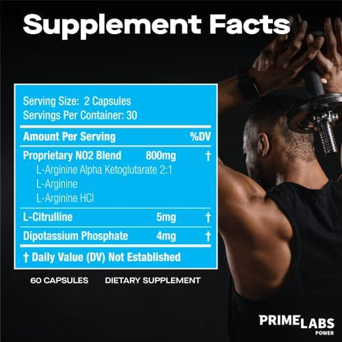 Prime Labs Power Nitric Oxide Supplement Booster for Men - Muscle Builder, L Arginine, L Citrulline - Vascularity, Pumps, Endurance - Powerful N.O, 60 Capsules