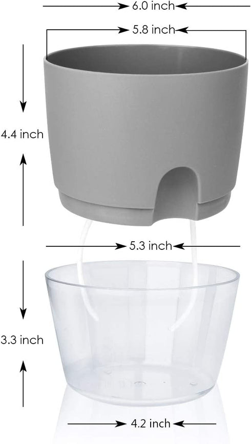 Vanavazon 6 Inch Self Watering Planter Pots for Indoor Plants, 3 Pack African Violet Pots with Wick Rope-Grey