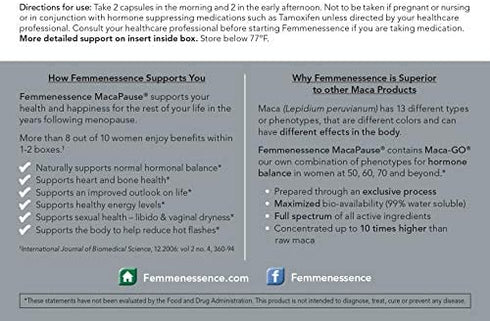 Femmenessence MacaPause – Clinically Proven for Post Menopause, Natural Hormone Balance Supplements for Women, Bone and Heart Health, Symptom Relief, 240 Gelatinized Maca Vegan Capsules, 60-Day Supply
