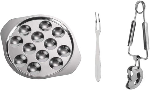 Cabilock Escargot Dining Set 12 Compartment Holes Snail Escargot Plate Tong Fork Set Oyster Serving Trays Stainless Steel Oyster Pan Shell Shaped Dishes for Lemons Sauce Oysters