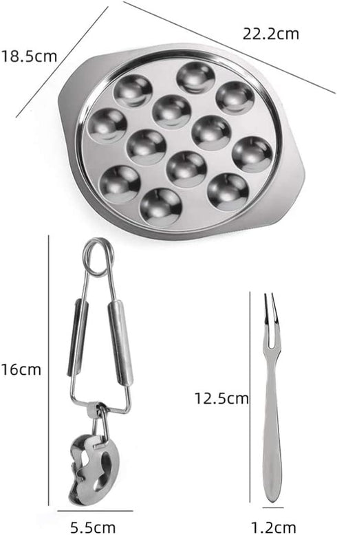 Cabilock Escargot Dining Set 12 Compartment Holes Snail Escargot Plate Tong Fork Set Oyster Serving Trays Stainless Steel Oyster Pan Shell Shaped Dishes for Lemons Sauce Oysters