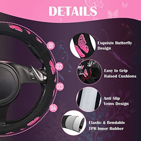 Car Pass Hot Pink Butterfly Universal Steering Wheel Cover, Fit for Suvs,Trucks,Sedans,Cars for Cute Women Girly (Hot Pink)