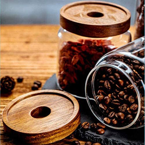 Keledz Glass Storage Jar with Wood Lids, Airtight Sealed Clear Borosilicate Glass Canister Kitchen Food Storage Containers for Coffee Beans Loose Tea Nuts Sugar Candy Spice, 450ml 16 oz (1000ml 35 oz)