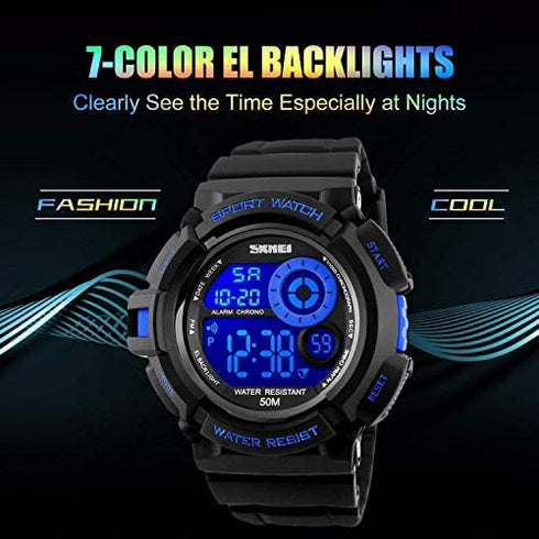 Skmei Mens Sport Running Watch, Digital Electronic 50M Waterproof Military Army Sports LED Wristwatch Water Resistant with Stopwatch Unique Dial 7 Color Changeable Backlight - Blue