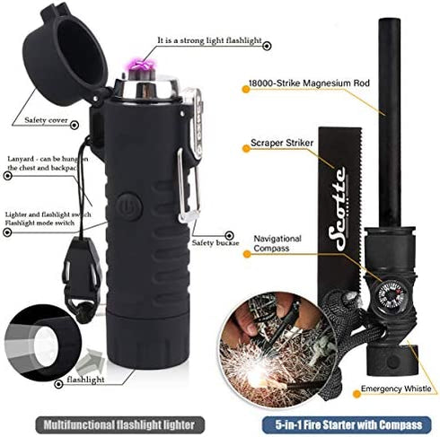 Scotte Plasma Windproof arc Lighter Electric Lighter and LED Flashlight - 2 in 1 (Black)/5-in-1 Magnesium Fire Starter for Emergency Survival Kits, Camping, Hiking, All-Weather Magnesium Ferro Rod
