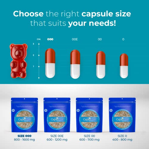 Capsuline Size 000 Gelatin Empty Capsules, 500 Count, Empty Gel Pill Capsules, DIY Pure Bovine Pill Capsule filling, Empty Caps, Kosher, Gluten Free and Halal Certified, Non-GMO Certified, Clear