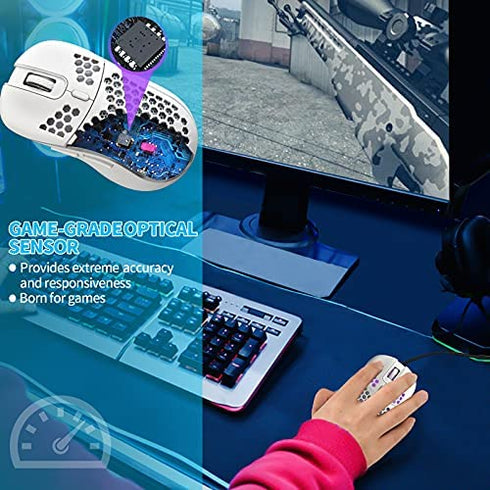 Honeycomb Wired Gaming Mouse, RGB Backlight and 7200 Adjustable DPI, Ergonomic and Lightweight USB Computer Mouse with High Precision Sensor for Windows PC & Laptop Gamers (White)