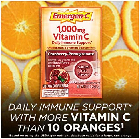 Emergen-C 1000mg Vitamin C Powder, With Antioxidants, B Vitamins And Electrolytes, Vitamin C Supplements For Immune Support, Caffeine Free Drink, Cranberry Pomegranate Flavor - 30 Count/1 Month